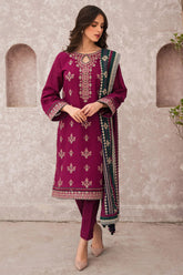 JAZMIN - 3PC DHANAK EMBROIDERED SHIRT WITH TWILL PRINTED SHAWL AND TROUSER - HZG2406